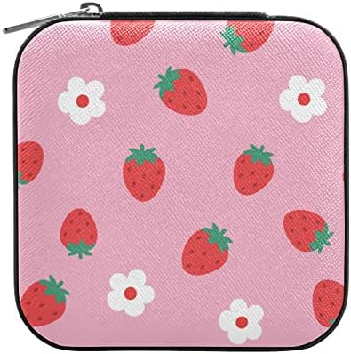 Flor Pink Strawberries Viagem Jóias Caso de jóias PU Couro portátil Caixa de jóias portátil Jóias Organizador de jóias Small Jewelry