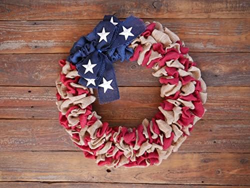 Faixa de secão patriótica vermelha e azul de 20 polegadas de 20 polegadas de tecido da porta da frente com arco de estrela de metal-Country Americana decoração-decoração de casa externa em 4 de julho