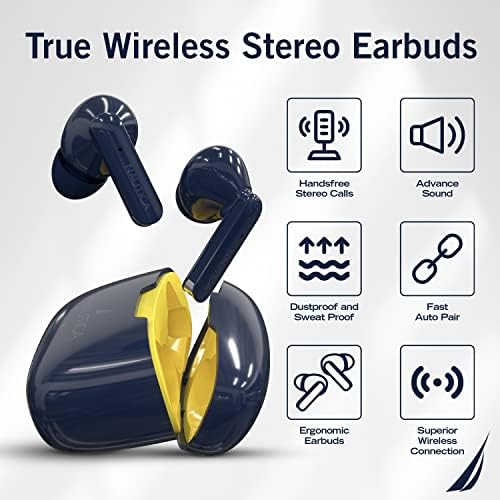 NAUTICA T200 TRUE EARBUDOS DE ESTÉREO sem fio Bluetooth V5.1 TWS Ear fones de ouvido com microfone embutido, fones de ouvido sem fio Bluetooth com controle de toque de caixa de carregamento, design ergonômico e suor