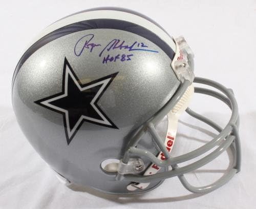 Roger Staubach Dallas Cowboys HOF 1985 JSA/COA Réplica de tamanho completo assinado - capacete autografado da NFL Autografado