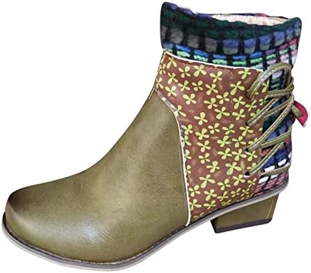Botas de tornozelo para mulheres vintage estilo étnico retalhos redondos redondos de dedo dedo botas de combate de calcanhar