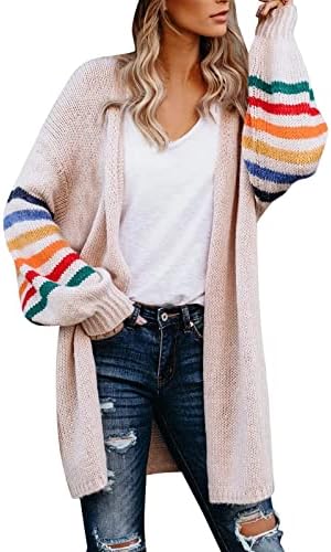Casacos de inverno feminino sobretudo faixa arco -íris de manga longa aberta de inverno de inverno moda cardigan Outwear suéter tops