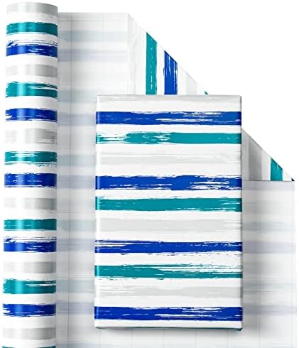Papel de embrulho reversível WrapAholic - Mini Roll - 17 polegadas x 33 pés - linhas cinza azul marinho e design da marinha sólida para aniversário, feriado, casamento, chá de bebê