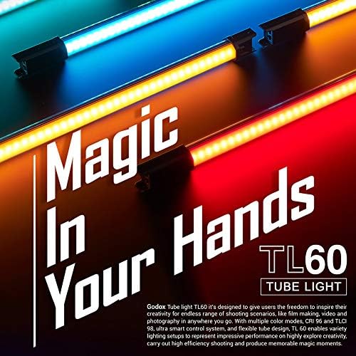 GODOX TL60 2 LIGHT KIT RGB TUBE LUZ, CRI 96 TLCI 98 Cor precisa, 2700K-6500K Ajustável, 39 efeitos de luz, suporta o controle de aplicativo/remoto/dmx, o aplicativo suporta o modo de gel colorido e o seletor de cores