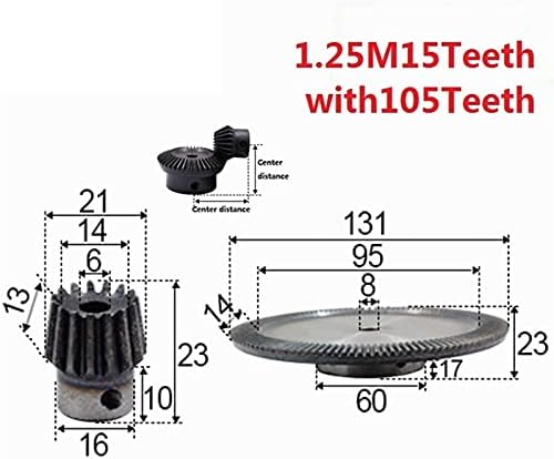Uteyeew 2pcs 1: 7 engrenagem chanfrada 1.25 módulo 15 orifício de dentes 6mm 105 dentes Hole interno 8mm 90 graus de comutação