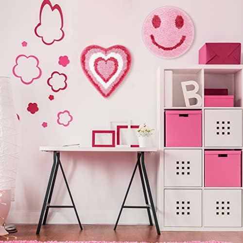 2 peças Tufted Preppy Room Decoração Pink Heart Girls Decor de quarto pendurado Smile fofo rosto de rosto Preppy Decoração estética