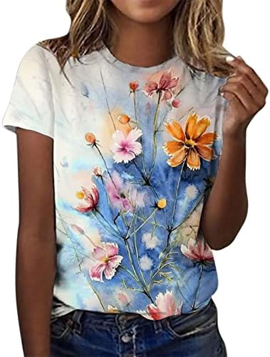 Tops de verão femininos Moda da primavera Manga curta V camisetas Floral boho Tees fofos Espaço de camiseta moderna curta