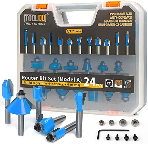 Tooldo Bit Bit Set 24 peças, 24a (24 PCS Modelo A）, haste de 1/4 de polegada, kit de bits do roteador profissional para DIY, projeto