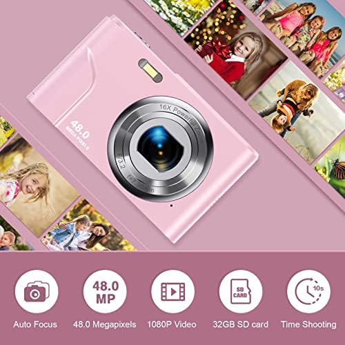 Câmera de câmera digital Ponto de foco e câmera de gravação, FHD 1080p 48MP Kids Camera com cartão de memória de 32 GB, câmera de zoom de 16x, câmeras pequenas de câmeras digitais para crianças adolescentes, rosa