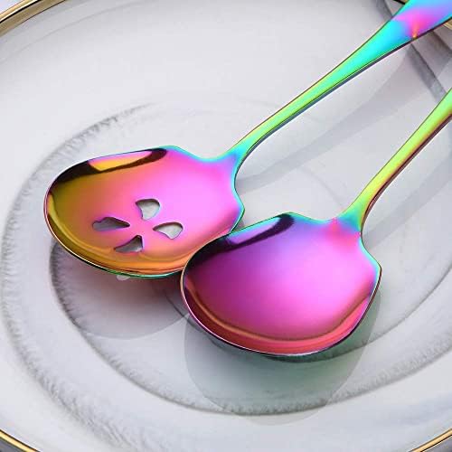 Mingyu Grandes colheres de porção conjunto de 2 peças Rainbow - 1pcs Sopa Spoon & 1pcs Slotted Spoon - Titanium Plating Aço inoxidável