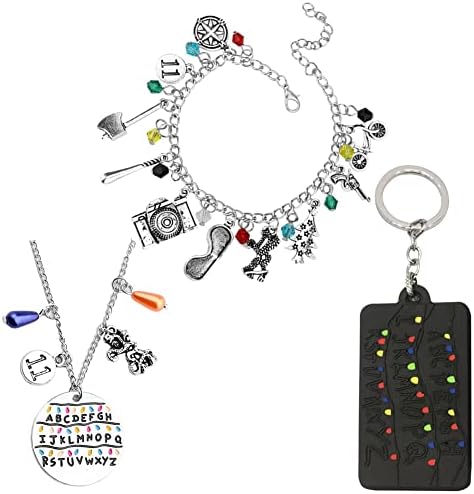 AMOCYTEC 3PC Stranger Movie tema Charms Bracelet Keychain e colar de pingentes de guitarra Conjuntos de presentes legais