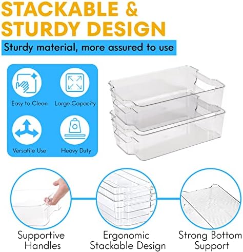 Lixeiras organizadoras de geladeira - 4 PCs Clear Storage Bins para geladeira, freezer, armários cesta de armazenamento de despensa com alças para organização e armazenamento de cozinha - organizador de banheiro empilhável Alora