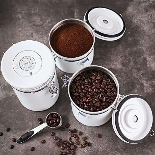 Contêineres de café em aço inoxidável Bincoo 26 onças, vasilha de café para café moído, recipiente de café hermético com bolas de medição, armazenamento de cozinha construído em válvula e rastreador de data, ideal para café/ café moído/ cozinha/ armazenamento de despensa