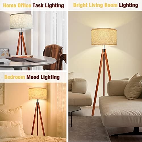 Isloys Wood Tripod Floor Lamp: Meio do século Alto luminárias para sala de estar - Lâmpada de linho