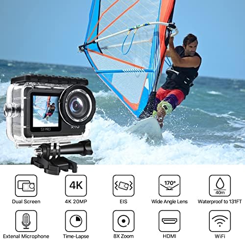 XTU 【2022 Upgrade】 4K30FPS S3 Câmera de ação de ação WiFi Pro, câmera à prova d'água, câmera esportiva de 20MP com tela de toque dupla,