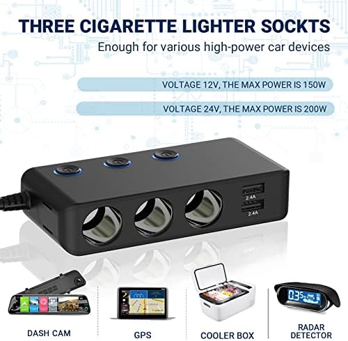 Splitter de carregador de carro 200w, Qidoe 3 Sockette Cigarette Adaptador com PD20W USB-C & QC3.0 Carregador de carro Multi