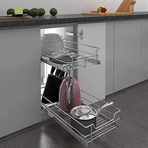 Armazenamento de cesta de arame de 2 níveis de 2 camadas Pull Plataforma de gaveta deslizante para a base da cozinha, armários de serviço pesado de duas camadas cromados, 21 ”W x 22” D Armário de abertura da estrutura do fio acabamento