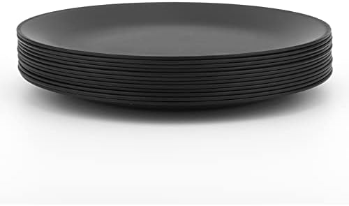 Placas de plástico KX -WARE Conjunto de 12 pratos de jantar inquebráveis ​​e reutilizáveis ​​de 9,875 polegadas, cor preta | Lavagem de louça segura, BPA grátis