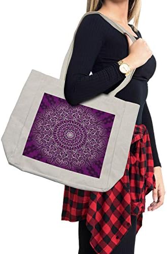 Bolsa de compras de Mandala Purple Mandala de Ambesonne, redemoinhos redondos cura de crescimento de cosmos, bolsa reutilizável ecológica para a praia de mantimentos e muito mais, 15,5 x 14,5, roxo branco