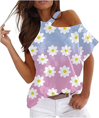 Mulheres exageradas de verão Moda de manga curta fora do ombro Tops de contraste de cor de impressão de halterneck