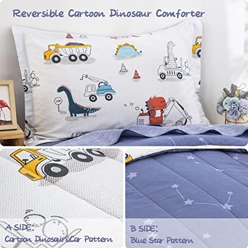 Conjunto de roupas de cama para crianças de dinossauros, conjunto de edredom de 4 peças de algodão para garotas para meninos, quadrinhos de dinossauros de cartoon reversível Blue Consolador