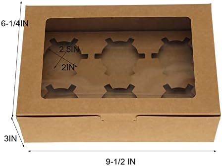 JuCoan 50 Pack Kraft Cupcake Box com inserção e janela segure 6 cupcake padrão, recipiente de transportadora de cupcakes