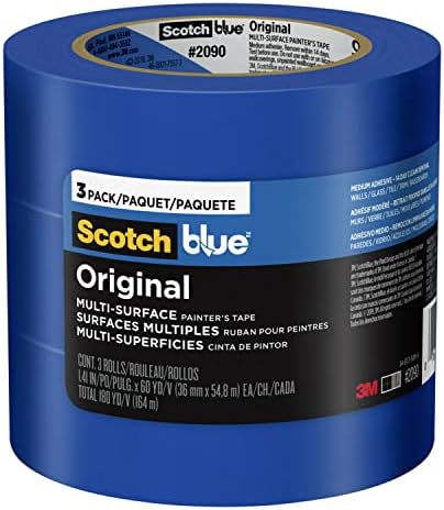 ScotchBlue Original Multi-Surface Painter's Fita, azul, fita de tinta protege as superfícies e remove facilmente, fita de pintura de várias superfícies para uso interno e externo, 1,41 polegadas x 60 jardas, 3 rolos