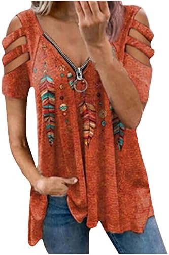 Ombro feminino Tops casuais de penhas cortam camisetas de manga curta zip u pescoço de túnica de túnica de verão de pescoço
