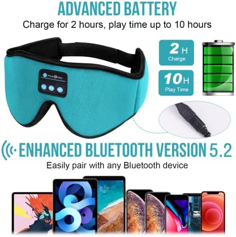 Fones de ouvido MusicOzy Sleep 3D Bluetooth 5.2 Máscara de sono sem fio, fones de ouvido de fones de ouvido para os fones de máscara ocular para dormentes laterais, viagens aéreas, meditação, alto-falantes finos ultra macios, pacote de 2