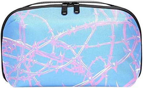 Bolsa de maquiagem de viagem sacos de maquiagem de bolsa de higieness à prova d'água para mulheres e meninas, vaporwave psyche neon azul rosa espinhos