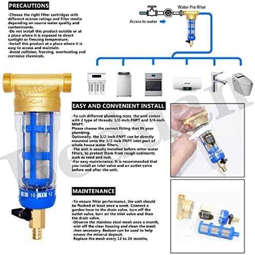 Beduan 50 mícrons reutilizáveis ​​de casa inteira girar filtro de água sedimentos Filtração de prefilter Filtração 1 Macho, rosca