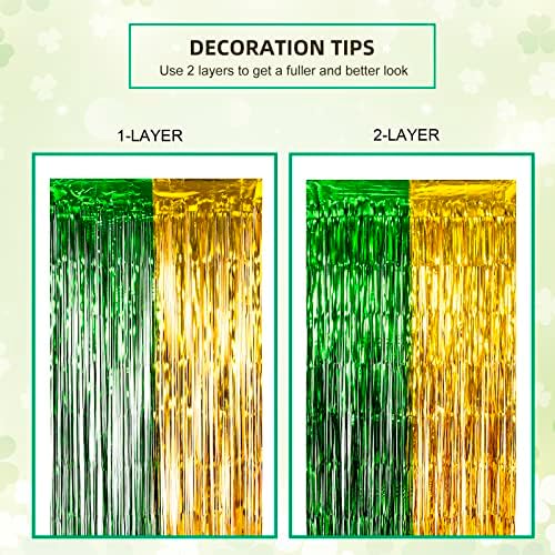Lolstar St. Patrick's Day Foil Cortinas, decorações de festas do dia de São Patrício, 2 pacotes de 3,3 x 6,6 pés Green Gold Tinsel