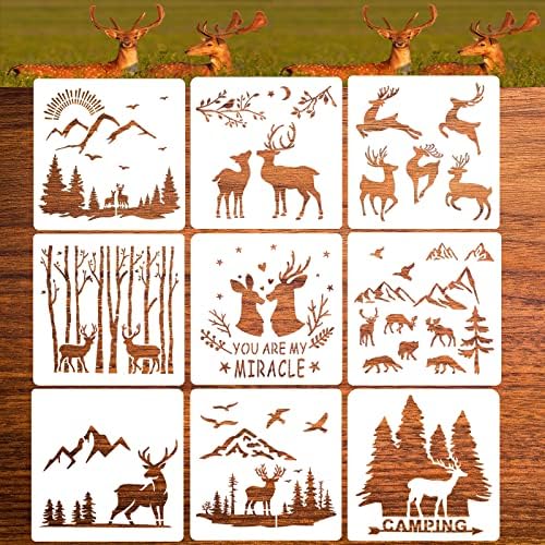 9 PCs Florest Deer Mountain Animal Stencils Aspen Trees Stisncil para pintar em suprimentos de desenho de plástico de parede de madeira para casa de artesanato diy, 7,75 x 7,75 polegadas