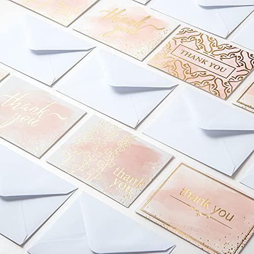 Cartões de agradecimento 100 em massa com envelopes designs de folha de aquarela rosa e dourado - cartões em branco
