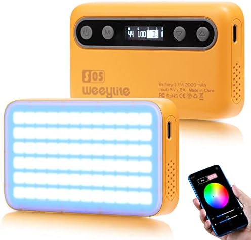 Weeylite S05 RGB LED Vídeo Luz W Controle de aplicativos, Mini Câmera Luz recarregável com Bateria de 2000mAh 360 ° Color Full/26 Efeitos de luz/CRI 95+/2800-6800K Painel de luz LED para fotografia e vídeo