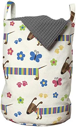 Bolsa de lavanderia de amante de cães Ambesonne, desenho animado de cães Dachshund Puppy com flores de pijama listradas e borboletas,