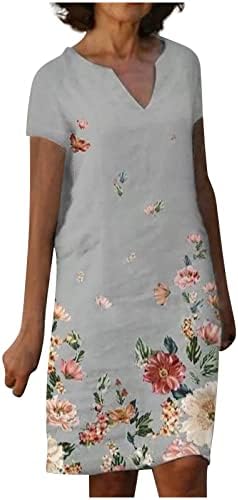 Vestidos de verão para mulheres Vestido de linho de tamanho grande Vestido de manga curta V Vintage Floral Print Knee