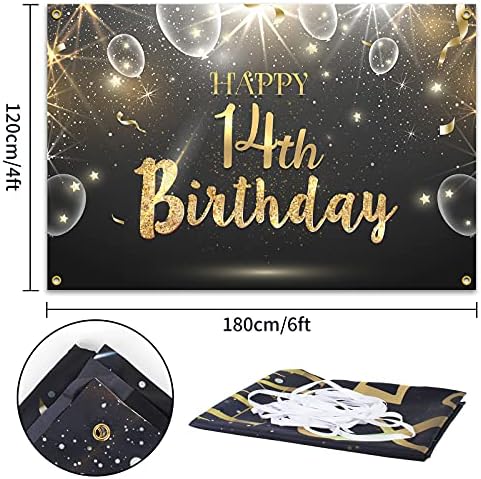 Hamigar 6x4ft Feliz aniversário de 14º aniversário Banner Banner - Decorações de aniversário de 14 anos, material de festa para meninos para meninos - Black Gold