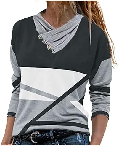 Tops finos de outono/inverno feminino Botão de pescoço geométrico Imprimir camiseta casual de manga longa casual
