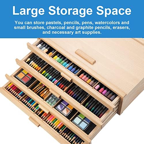 Caixa de armazenamento em madeira pastel de madeira, caixa de armazenamento de artistas com 4 gaveta removível, caixa de organizador portátil para lápis, marcadores, pincéis e ferramentas de pintura