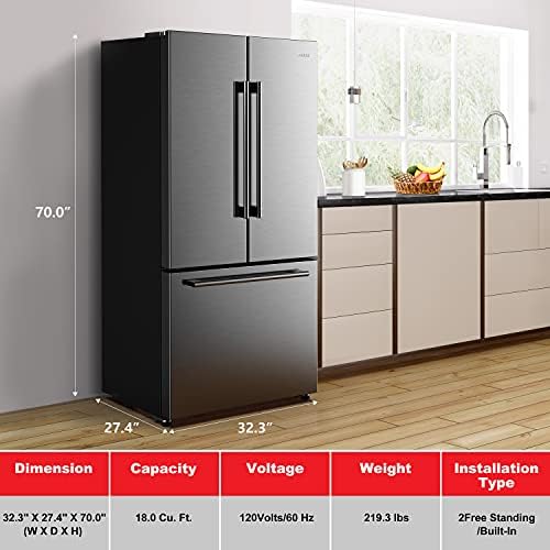 Galanz GLR18FS5S16 Refrigerador de porta francesa com fabricante de gelo instalada e controle de termostato elétrico ajustável do freezer de fundo, livre de geadas, certificação de estrela energética, aço inoxidável, 18 cu ft